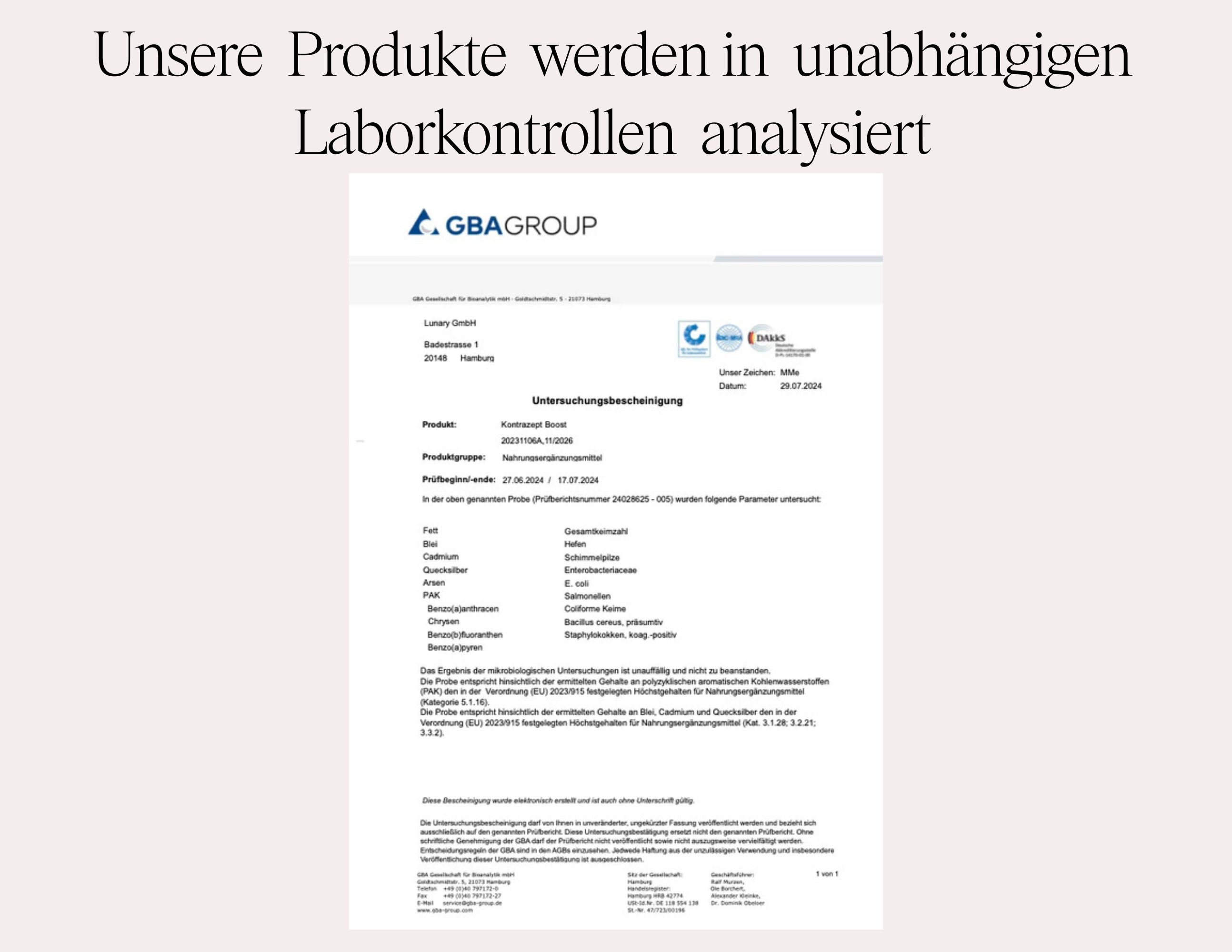 Laborbericht. Text: Unsere Produkte werden in unabhängigen Laborkontrollen analysiert. GBA Group Logo.
