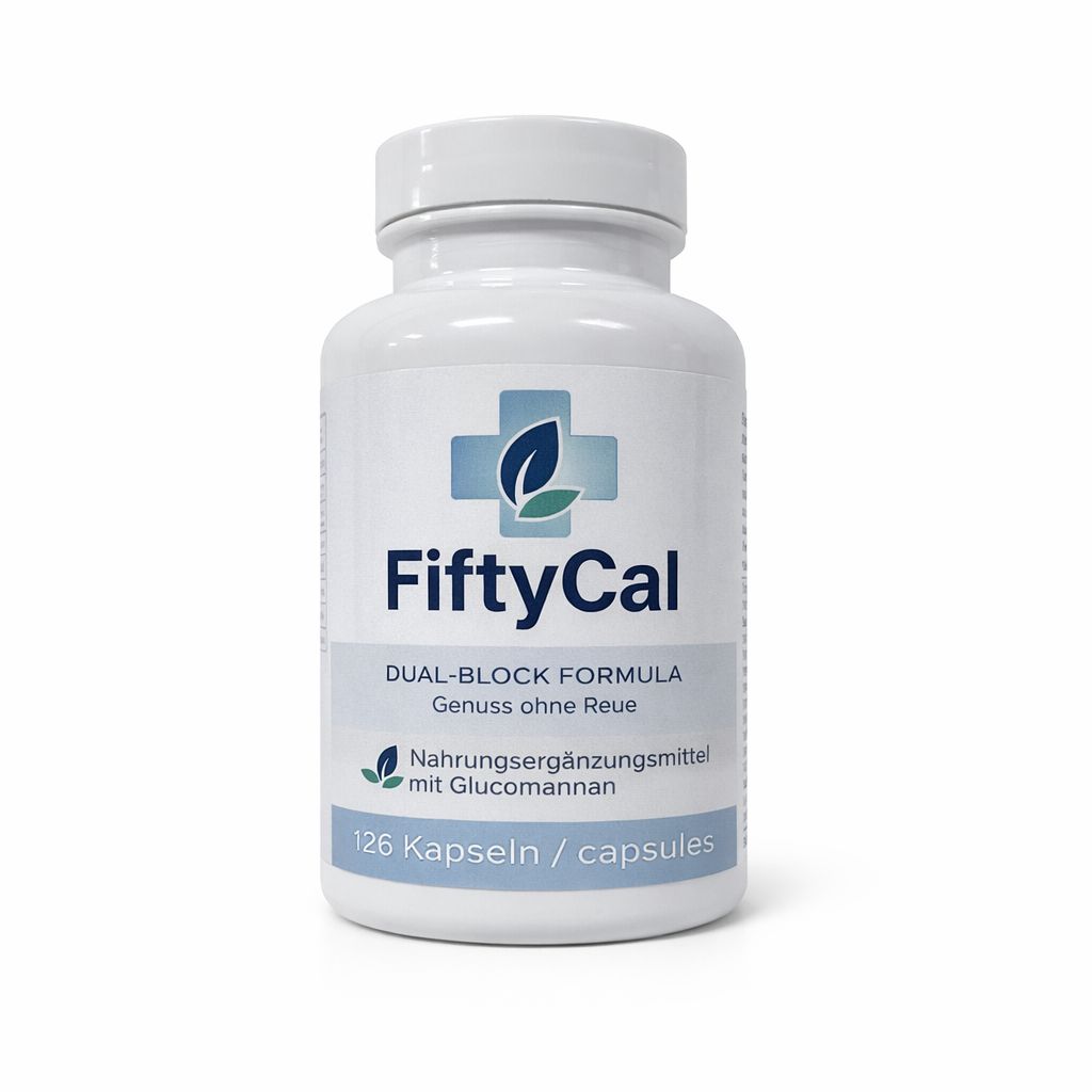 Weiße Flasche FiftyCal mit Kapseln. Aufschrift: Dual-Block Formula. Nahrungsergänzungsmittel. 126 Kapseln. Blaues Logo.