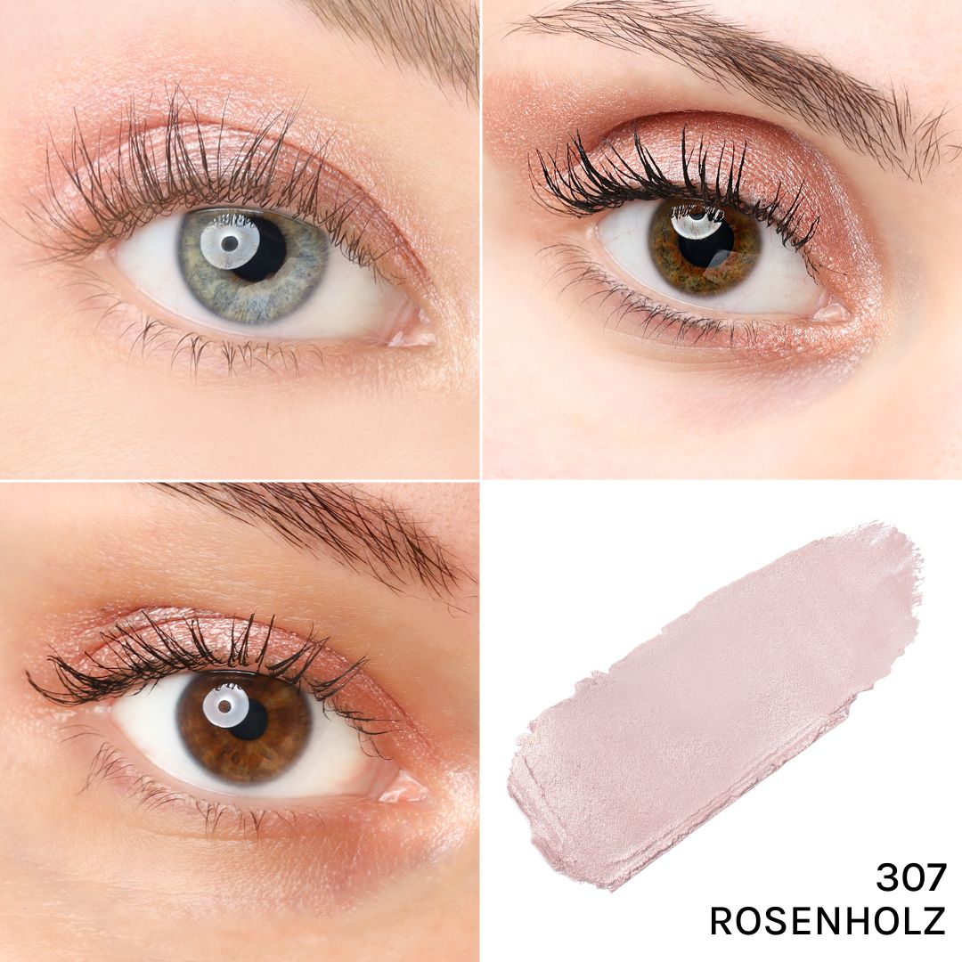 Drei Augen mit Lidschatten. Unten rechts: Lidschatten-Abstrich in Rosé mit der Aufschrift "307 ROSENHOLZ".