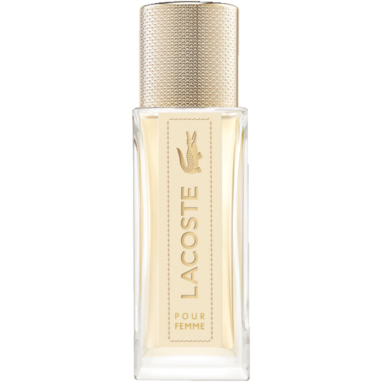 Lacoste Pour Femme EdP Nat. Spray. Rechteckiger Flakon mit goldfarbenem Verschluss. Aufschrift Lacoste und Krokodil-Logo.