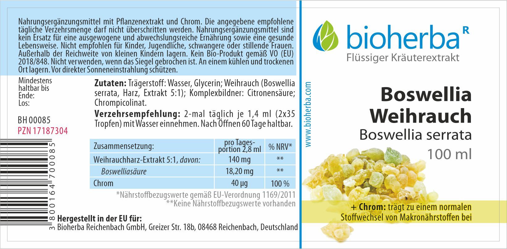 Etikett mit Produktinformationen. Bioherba Boswellia Weihrauch Tropfen. Zutaten, Verzehrempfehlung, Nährwertangaben.