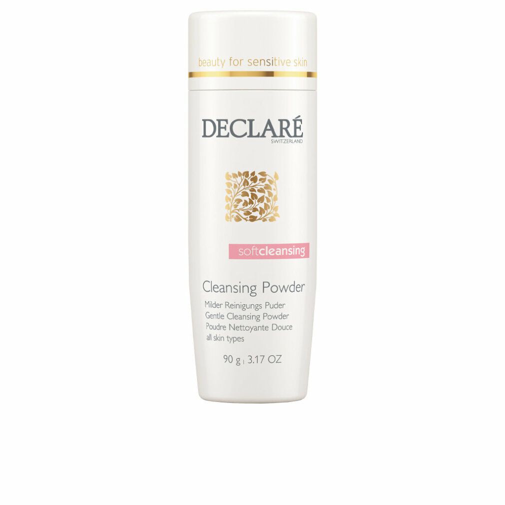 Weißes DECLARÉ Soft Cleansing Puder. Flasche mit Deckel, Schriftzug, Logo, floralem Muster, Produktnamen und Inhaltsangabe.