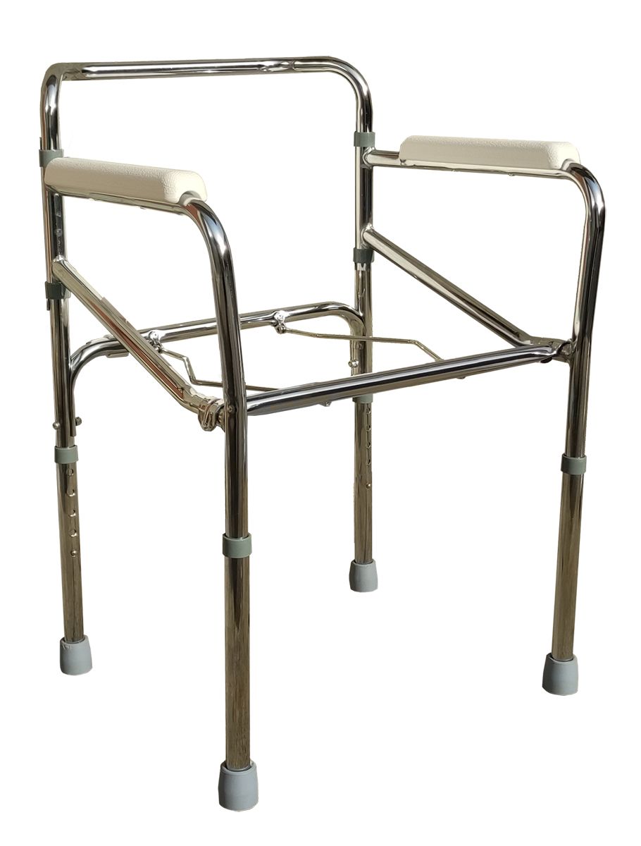 Toilettensitz ohne Sitzfläche und Eimer. Silberfarbenes Gestell mit Armlehnen. Höhenverstellbar.