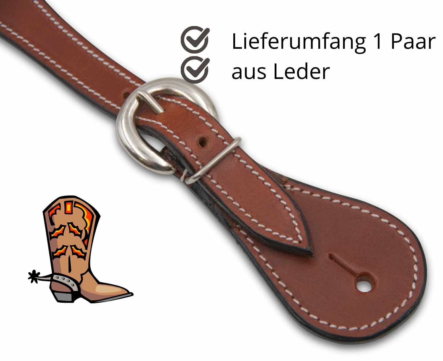 Braune Leder-Westernsporenriemen mit weißer Naht und silberner Schnalle. Text: Lieferumfang 1 Paar aus Leder. Illustration eines Stiefels.