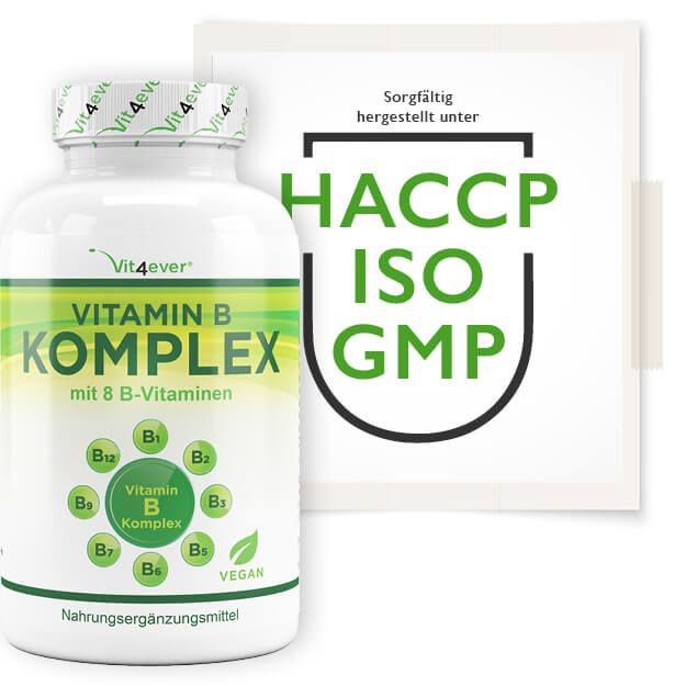 Weiße Flasche mit grünem Etikett. Aufschrift: Vitamin B Komplex mit 8 B-Vitaminen. Vegan. Nahrungsergänzungsmittel. Vit4ever Logo. Zertifizierungen: HACCP, ISO, GMP.