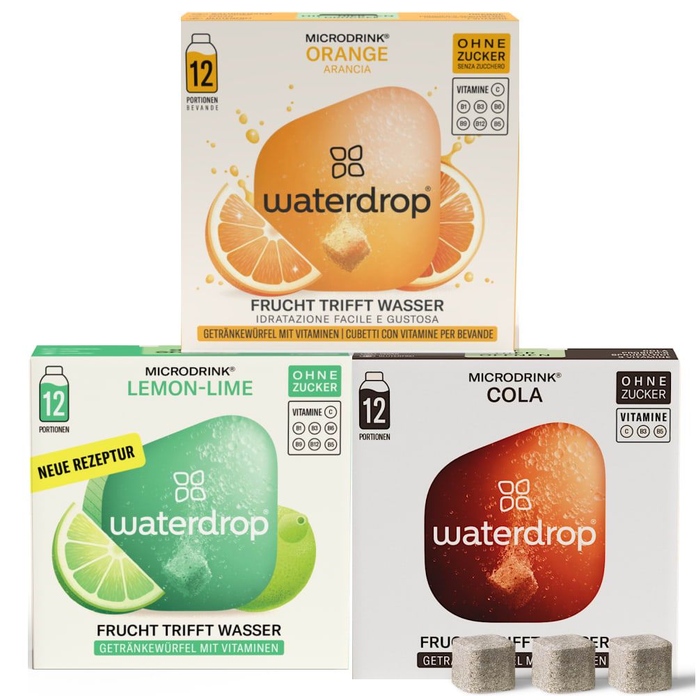 Drei waterdrop® Kult Trio-Boxen: Orange, Lemon-Lime und Cola. Jede Box enthält 12 Portionen. Ohne Zucker, mit Vitaminen.