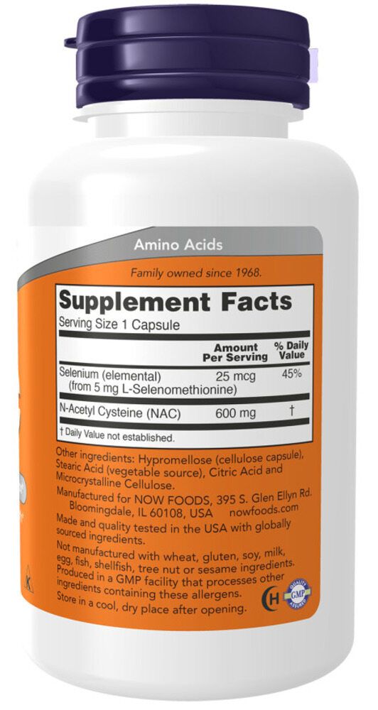 Rückseite der Flasche. Orangefarbenes Etikett mit Nährwertangaben. Enthält N-Acetylcystein (NAC) 600 mg und Selen.