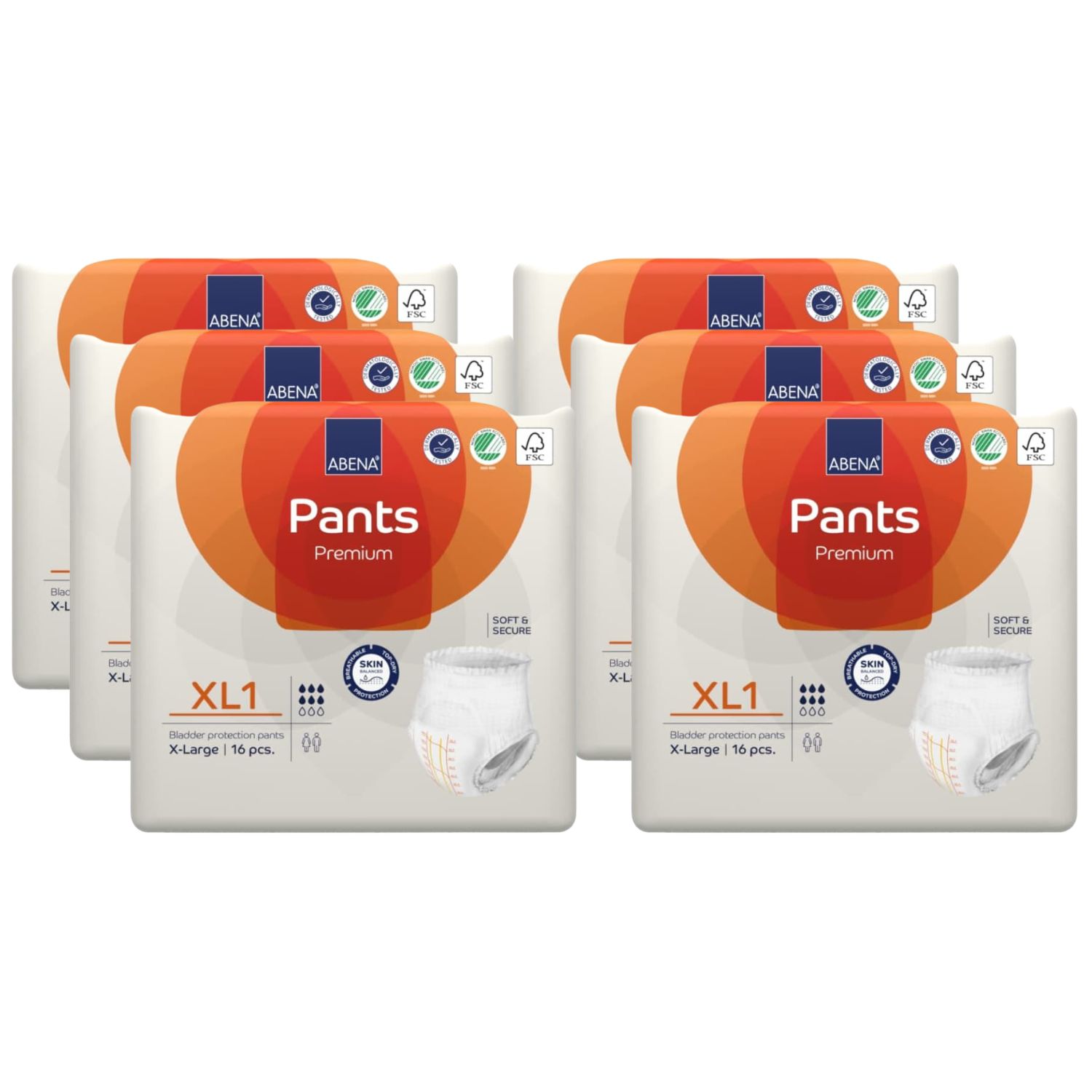 Mehrere Packungen Abena Pants Premium XL1. Verpackung mit orangefarbenem Design, Produktabbildung und Zertifizierungen.