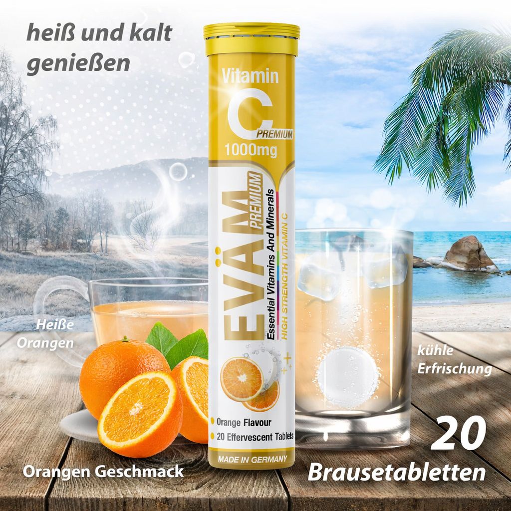 Gelbe Tube EVÄM Vitamin C 1000mg Brausetabletten. Aufschrift: Vitamin C, 1000mg, Premium, 20 Brausetabletten. Orangen und Getränke.