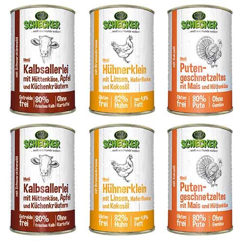 Sechs Dosen Hundefutter. Jede Dose zeigt ein Tier und Zutaten. Text: Schecker, Menü, Getreide frei.