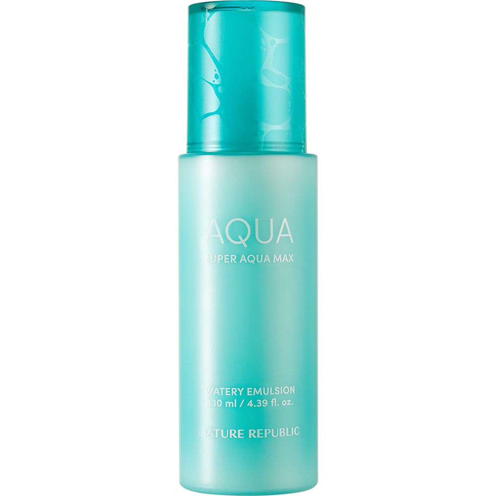 Türkisgrüne Flasche mit AQUA Super Aqua Max Watery Emulsion-Aufschrift. Deckel oben. NATURE REPUBLIC-Logo unten.