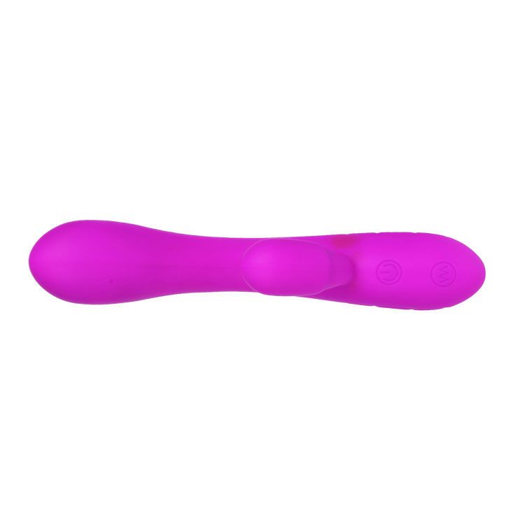 Lila Vibrator mit gebogener Form und Klitoristimulator. Drei Knöpfe an der Basis. Aus Silikon.