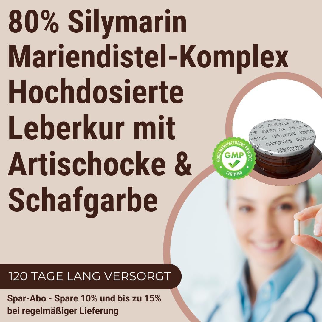 Kapsel in der Hand einer Person. Text: 80% Silymarin, Mariendistel-Komplex, Leberkur mit Artischocke & Schafgarbe. GMP-Zertifizierung.