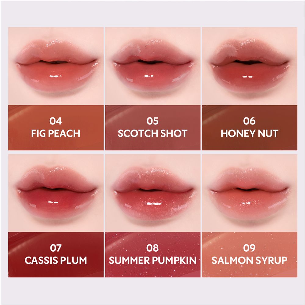Neun Lippenfarben aufgetragen auf Lippen: Fig Peach bis Salmon Syrup.