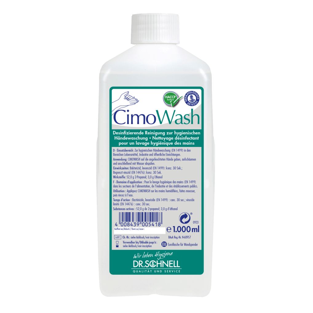 Weiße Flasche mit grünem Etikett. Aufschrift: CimoWash, Desinfizierende Reinigung zur hygienischen Händewaschung. HACCP-Siegel.