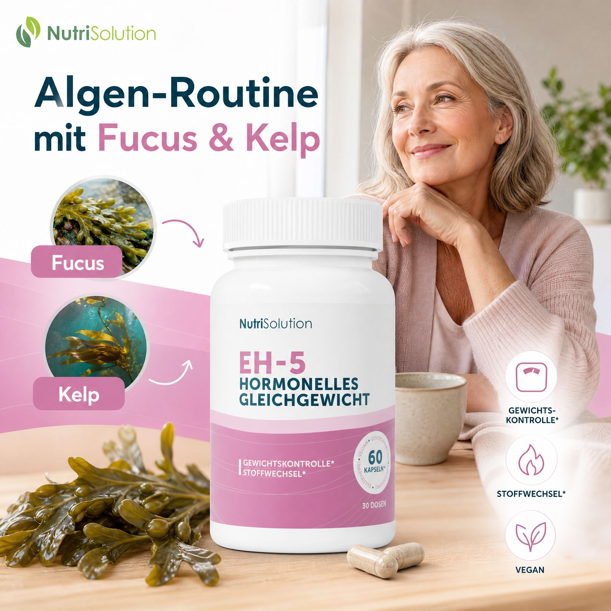 NutriSolution EH-5 Kapselbehälter neben Fucus- und Kelp-Algen, mit Frau im Hintergrund.