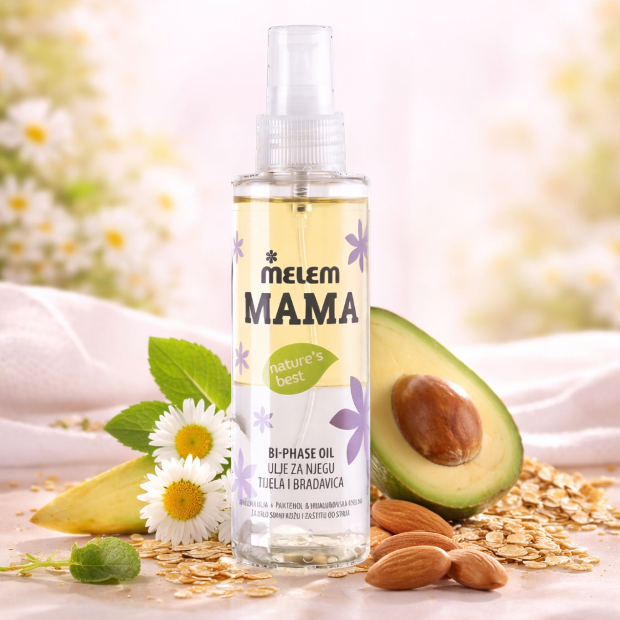 MELEM Mama Bi-Phase Oil mit Avocado, Mandeln, Haferflocken und Blumen.