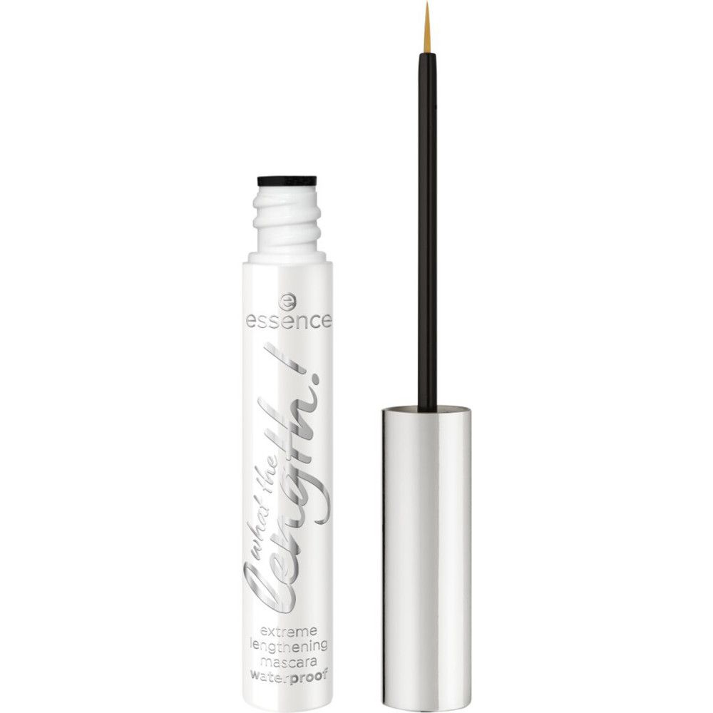 Weißer Mascara-Behälter mit silberner Kappe und Applikator. Aufschrift: What the Length! und Essence-Logo. Extreme lengthening mascara.