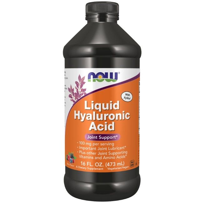 Schwarze Flasche mit Etikett. Enthält Text: Liquid Hyaluronic Acid, Joint Support. Marke NOW.