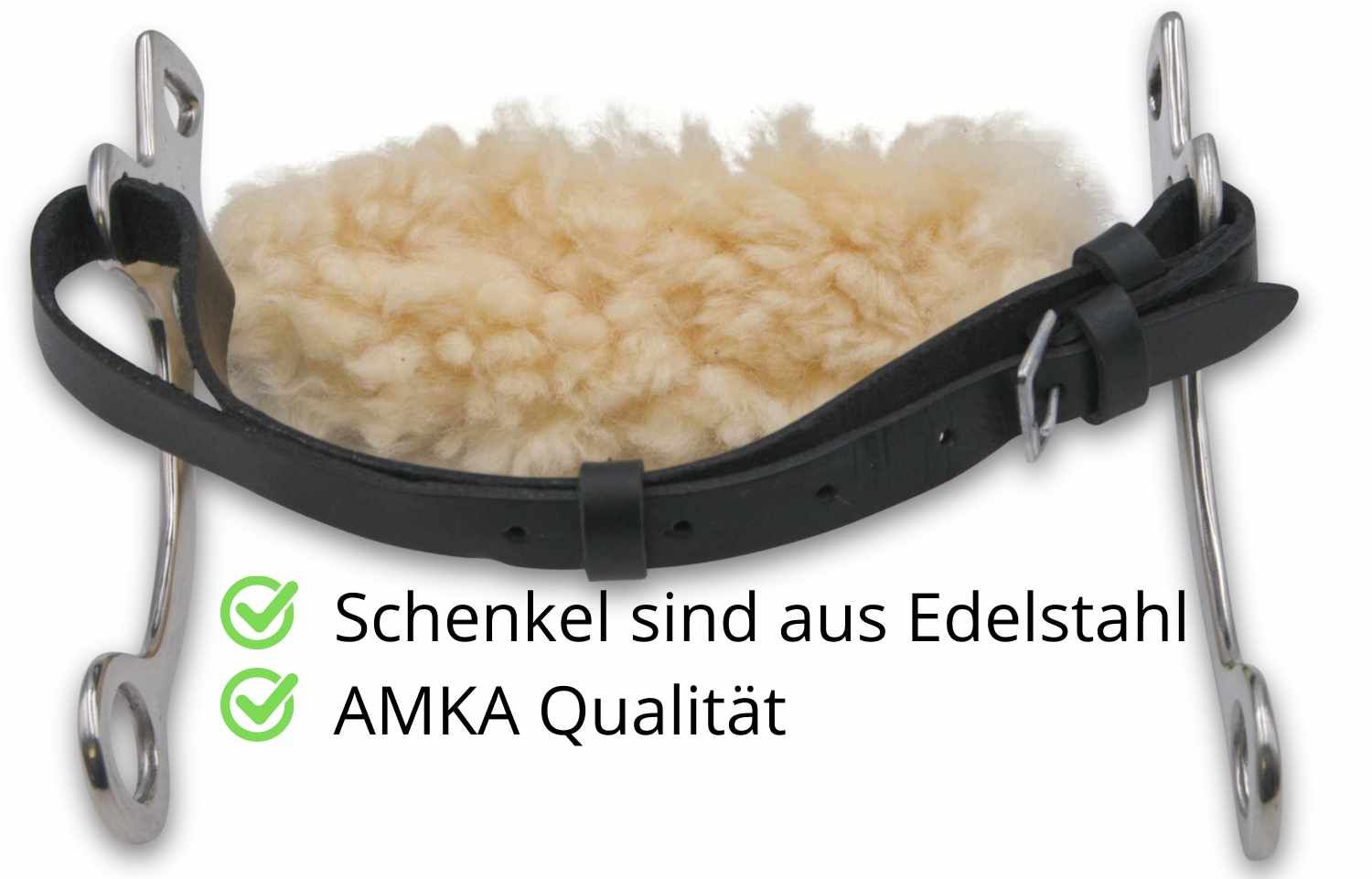 Hackamore mit Schenkeln aus Edelstahl. Schwarzes Leder, weiches Fell. AMKA Qualität.