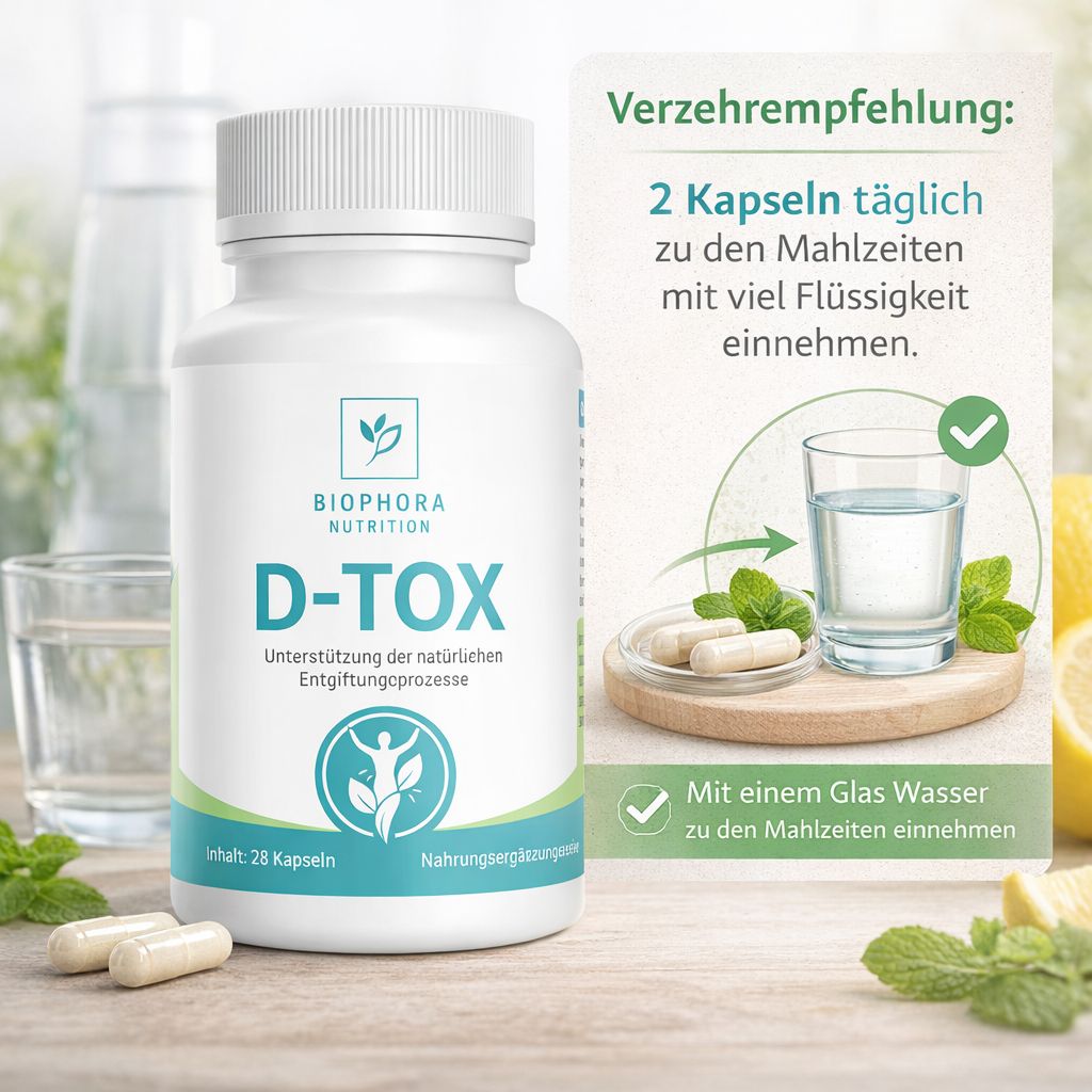 Weiße Kapsel-Dose mit grünem Etikett. Aufschrift: D-TOX, Biophora Nutrition. Daneben: Glas Wasser, Kapseln und Anwendungs-Hinweis.