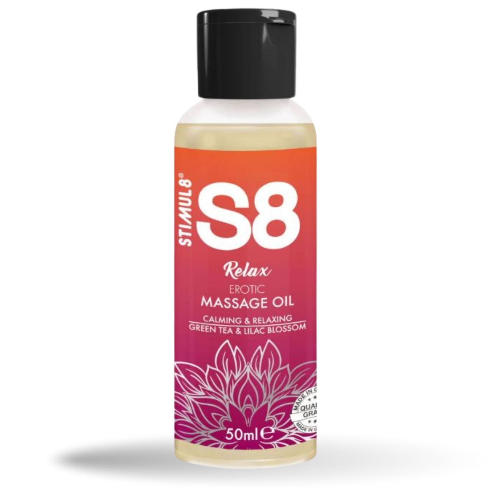 S8 Relax Erotic Massage Oil. Flasche mit schwarzem Deckel. Aufschrift: S8. 50ml.