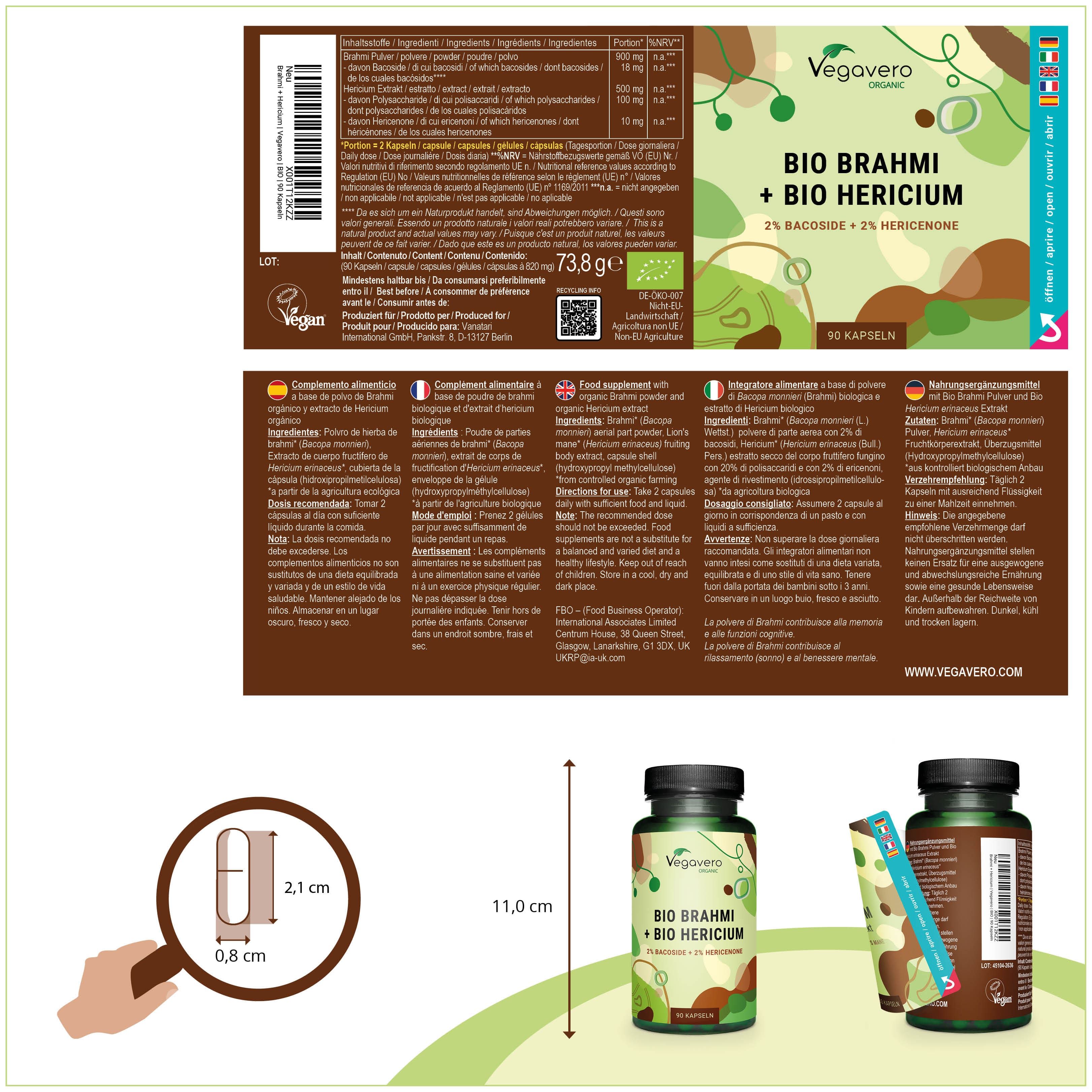 Produktverpackung mit Flasche und Beipackzettel. Aufschrift: BIO BRAHMI + BIO HERCIUM. Maße: 11,0 cm hoch, 2,1 cm breit, 0,8 cm tief.