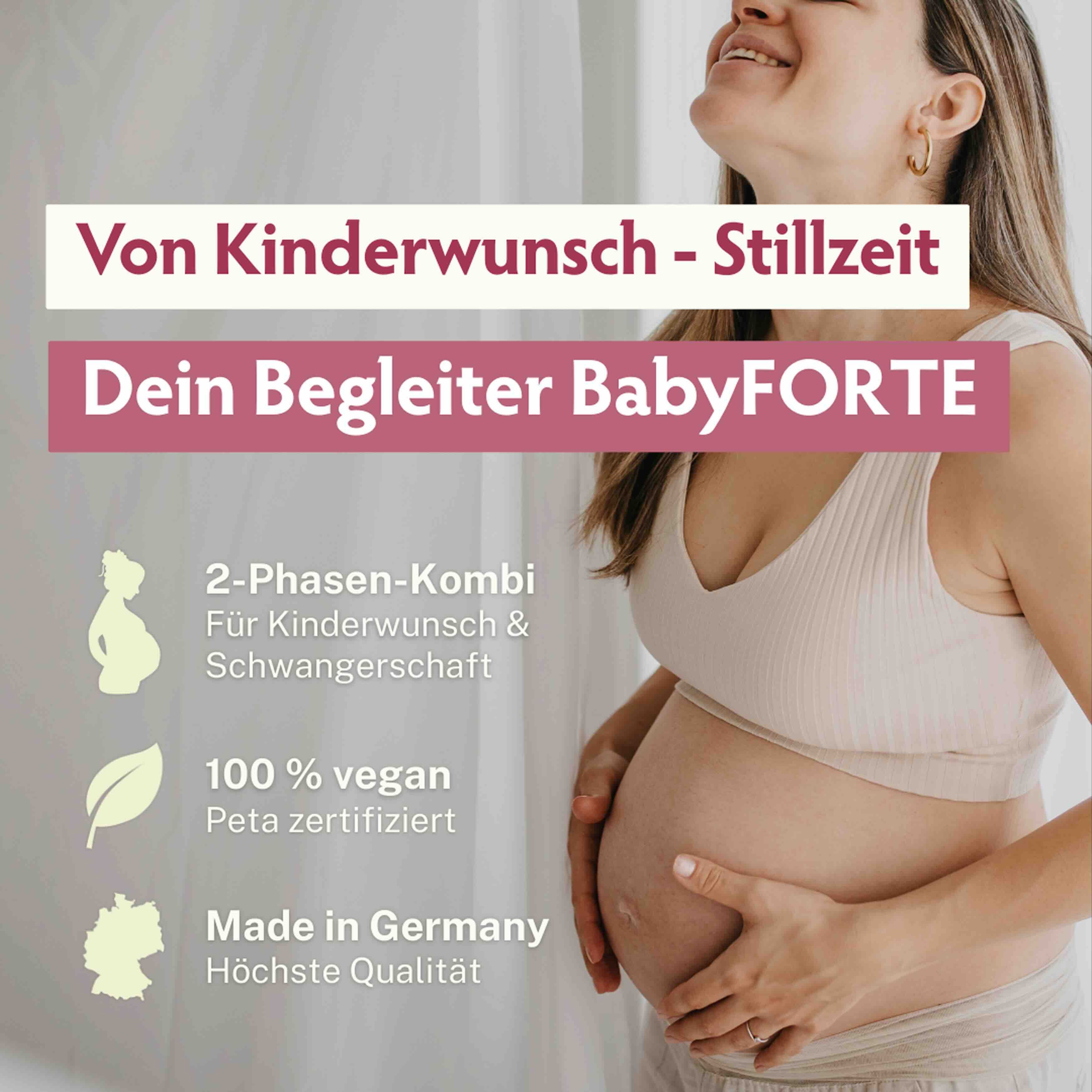 Frau mit Babybauch, Produktmerkmale: 2-Phasen-Kombi, 100% vegan, PETA zertifiziert.