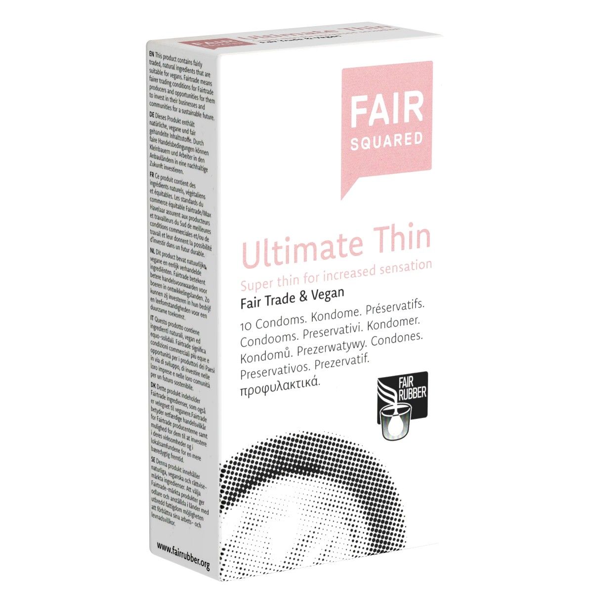 Verpackung von Fair Squared Ultimate Thin Kondomen. Rosa Logo, Produktname und Text. 10 Kondome, Fair Trade & Vegan.