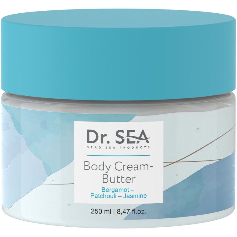 Creme-Butter-Tiegel mit blauem Deckel. Aufschrift: Dr. SEA, Body Cream-Butter, Bergamotte-Patchouli-Jasmin. 250 ml.