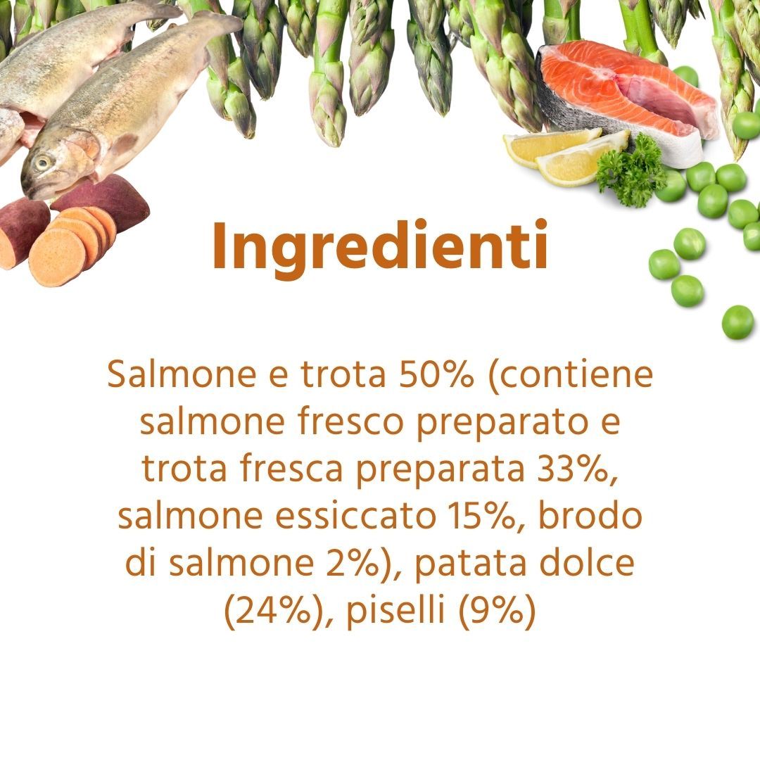 Zutatenliste. Text: Lachs und Forelle 50%, Süßkartoffel 24%, Erbsen 9%.
