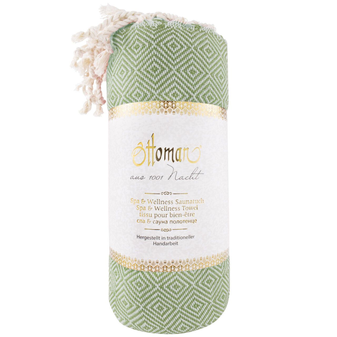 Gerolltes Hamam-Tuch, grün mit weißem Etikett. Aufschrift: Ottoman aus 1001 Nacht. Spa & Wellness Saunatuch.