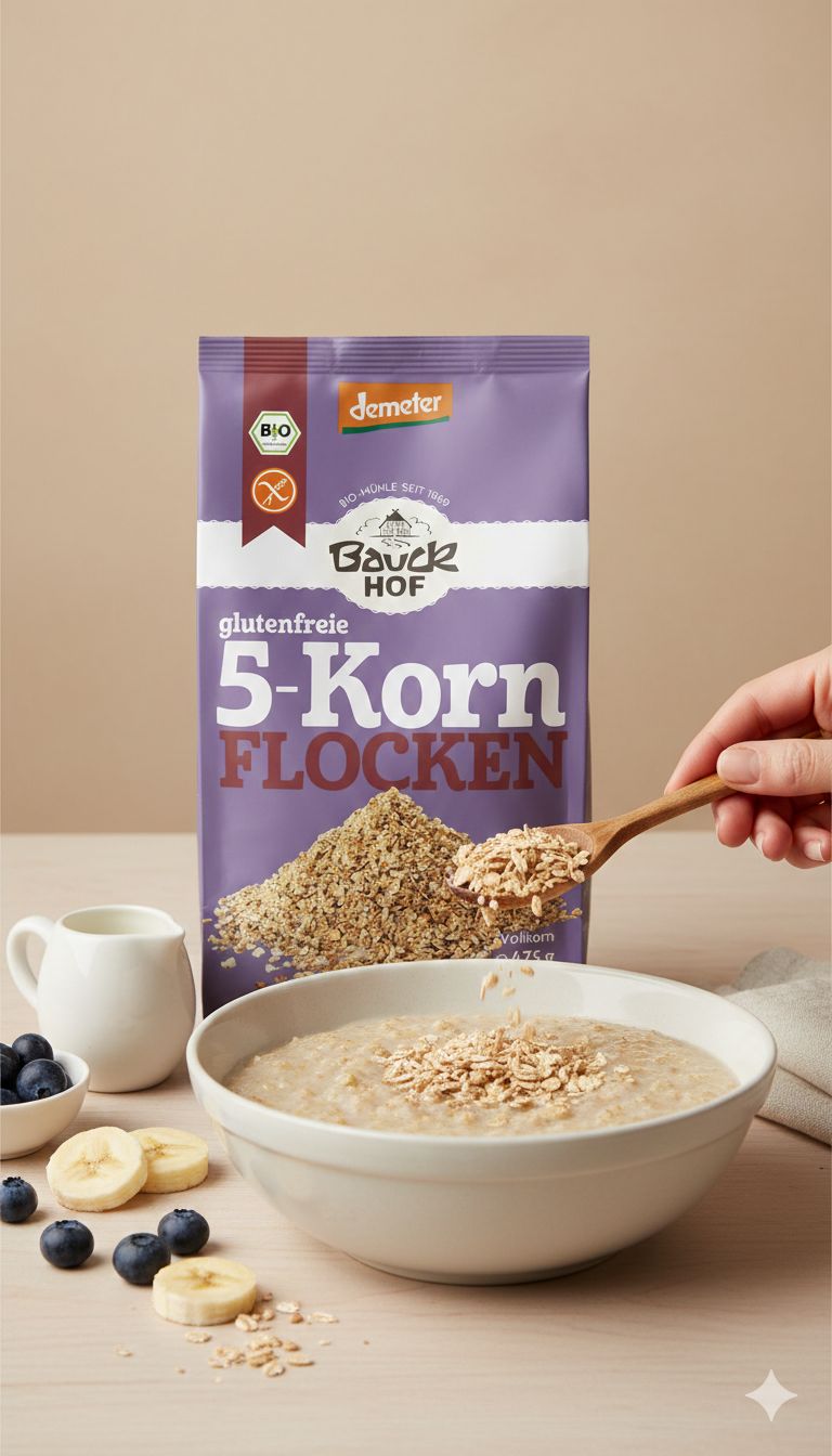 Bauckhof 5-Korn Flocken glutenfrei Packung mit Haferflocken in einer Schüssel und Milch.