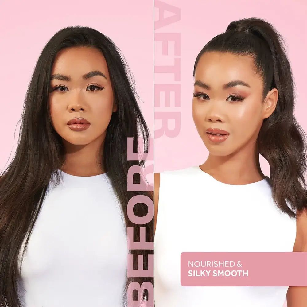 Vorher-Nachher-Bild. Eine Frau mit dunklen Haaren, dann mit hochgesteckten Haaren. Text: „Nourished & Silky Smooth“.