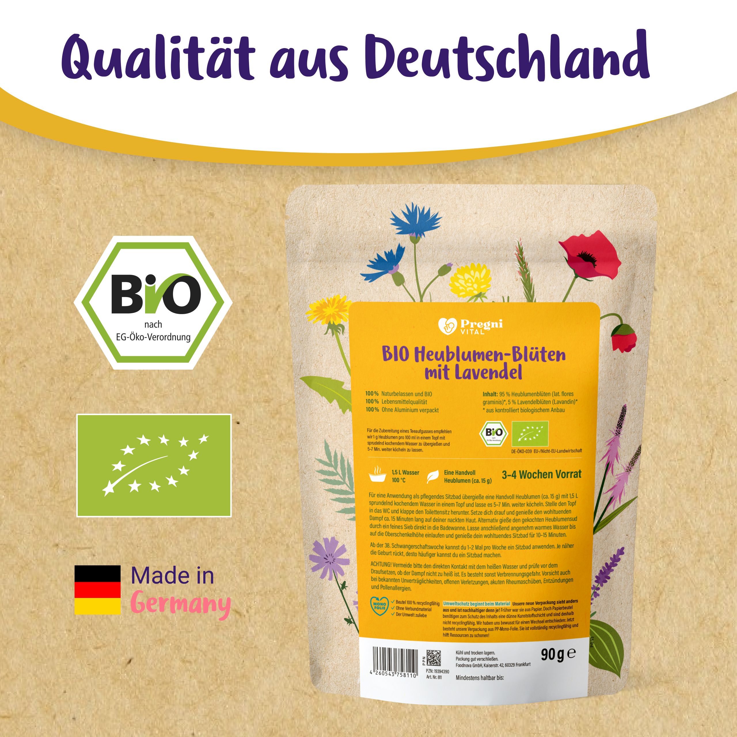 PregniVital Heublumen Sitzbad Beutel mit Bio-Siegel und Made in Germany Aufdruck.