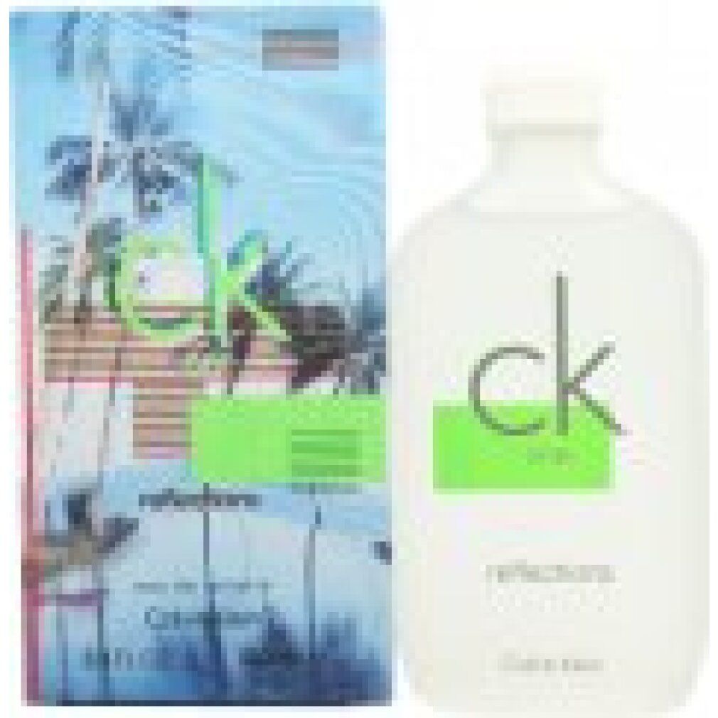 Flakon und Verpackung. Aufschrift: ck one reflections, Calvin Klein. Grünes Rechteck mit ck one. Palmen-Design.