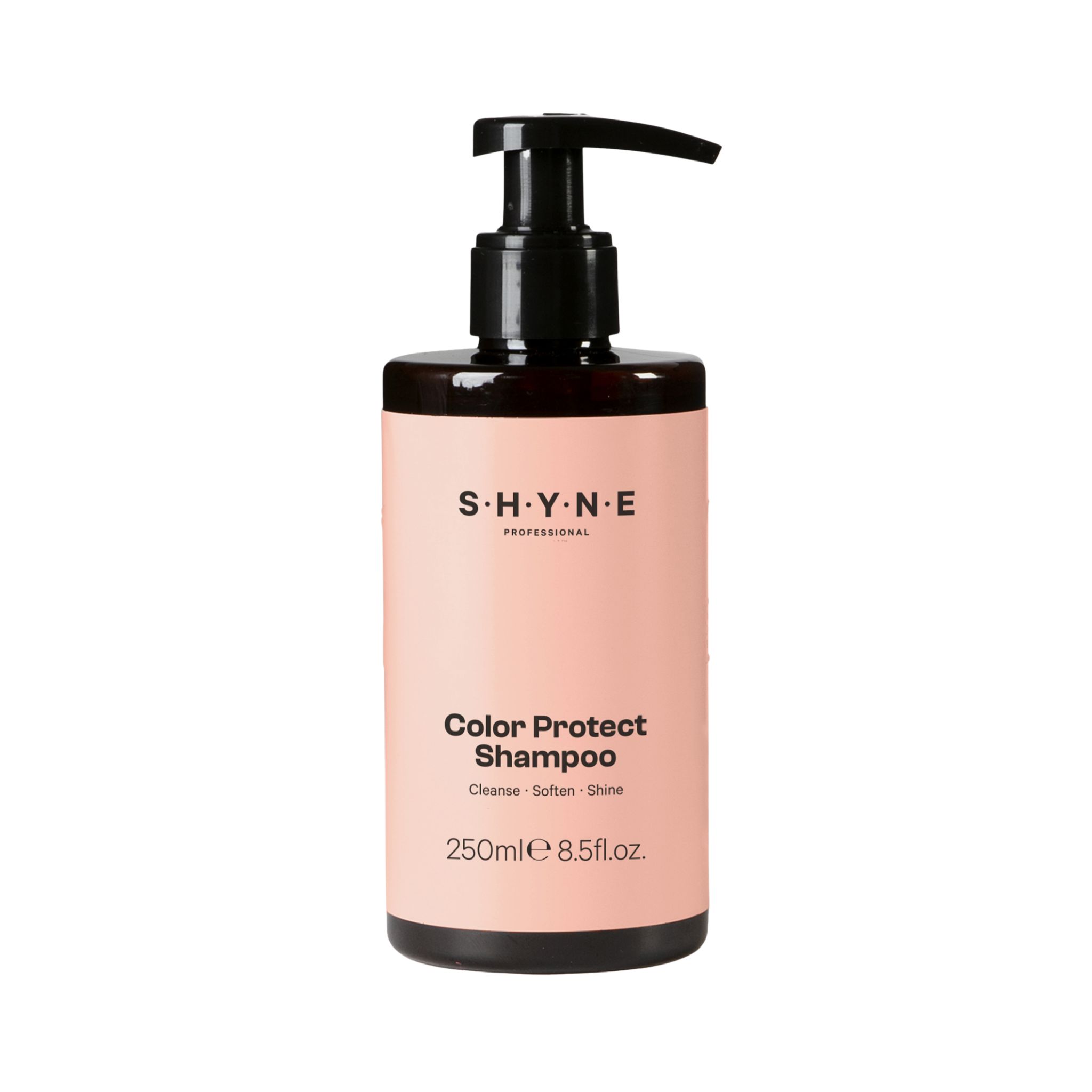 Flasche SHYNE Color Protect Shampoo. Rosa Etikett, schwarzer Pumpkopf. Text: Color Protect Shampoo, 250ml 8.5 fl.oz.