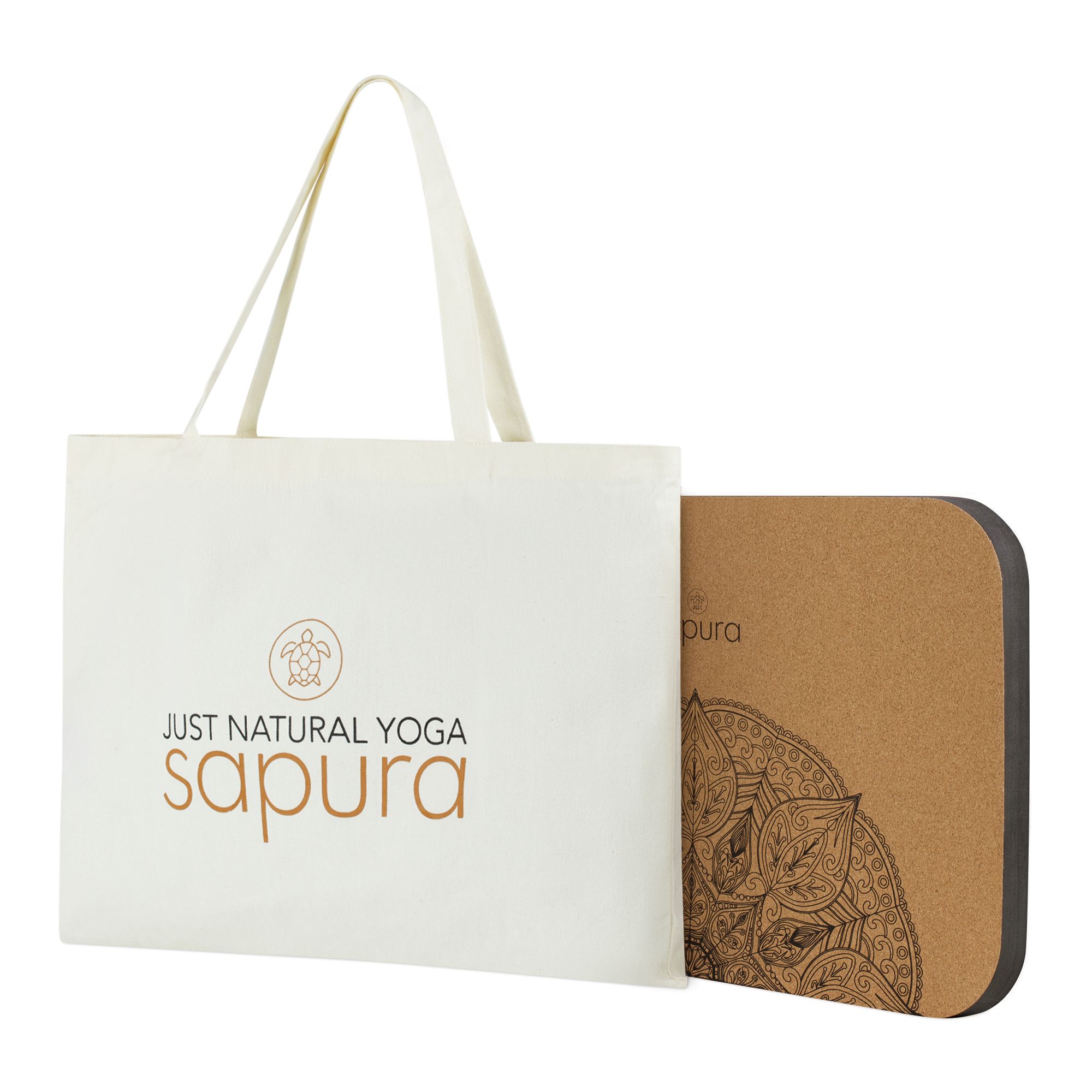 Kniekissen in Tragetasche. Tasche mit Logo JUST NATURAL YOGA sapura. Kissen mit Mandala-Muster.