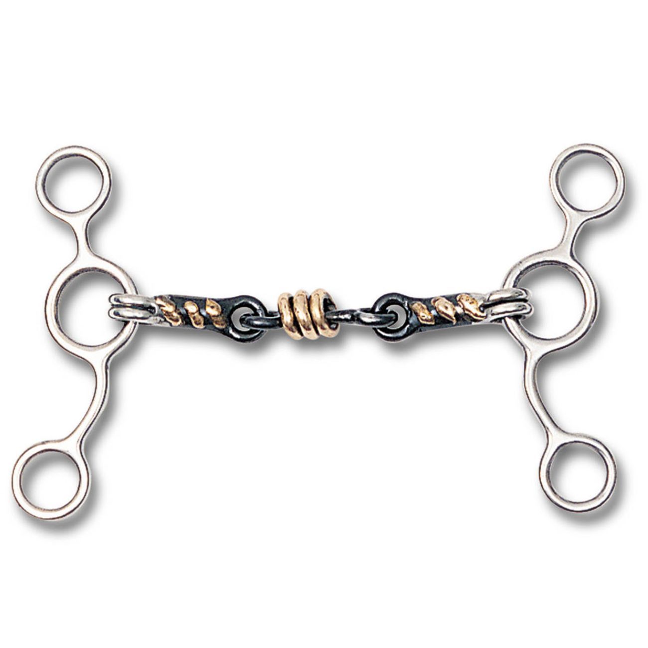 Gebiss aus Metall. Mundstück mit goldenen Elementen und Ringen an den Seiten.