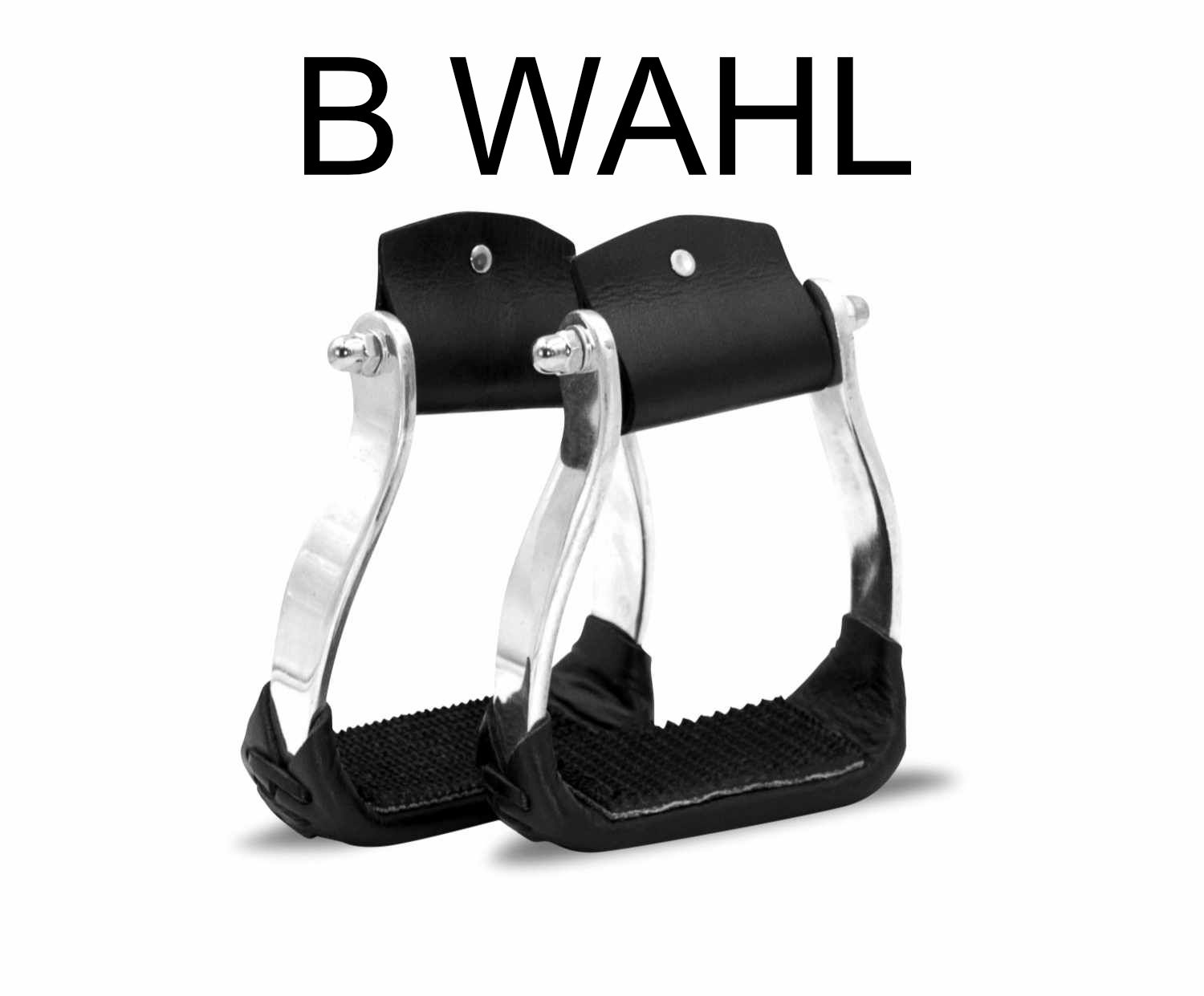 Zwei Westernsteigbügel. Aluminium, schwarz und silberfarben. Text: B WAHL.