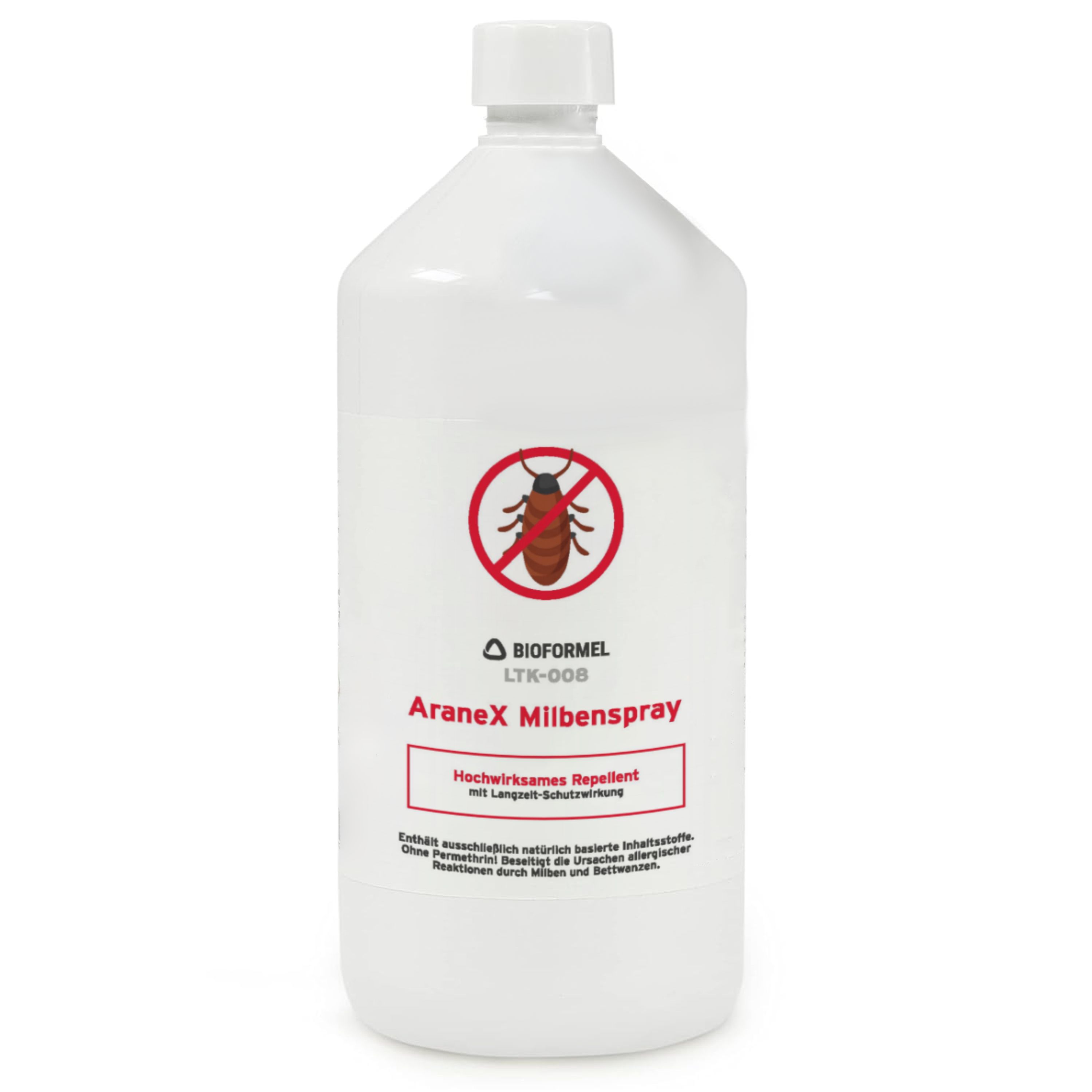Weisse Flasche mit rotem Logo. Text: AraneX Milbenspray. Hochwirksames Repellent mit Langzeit Schutzwirkung.