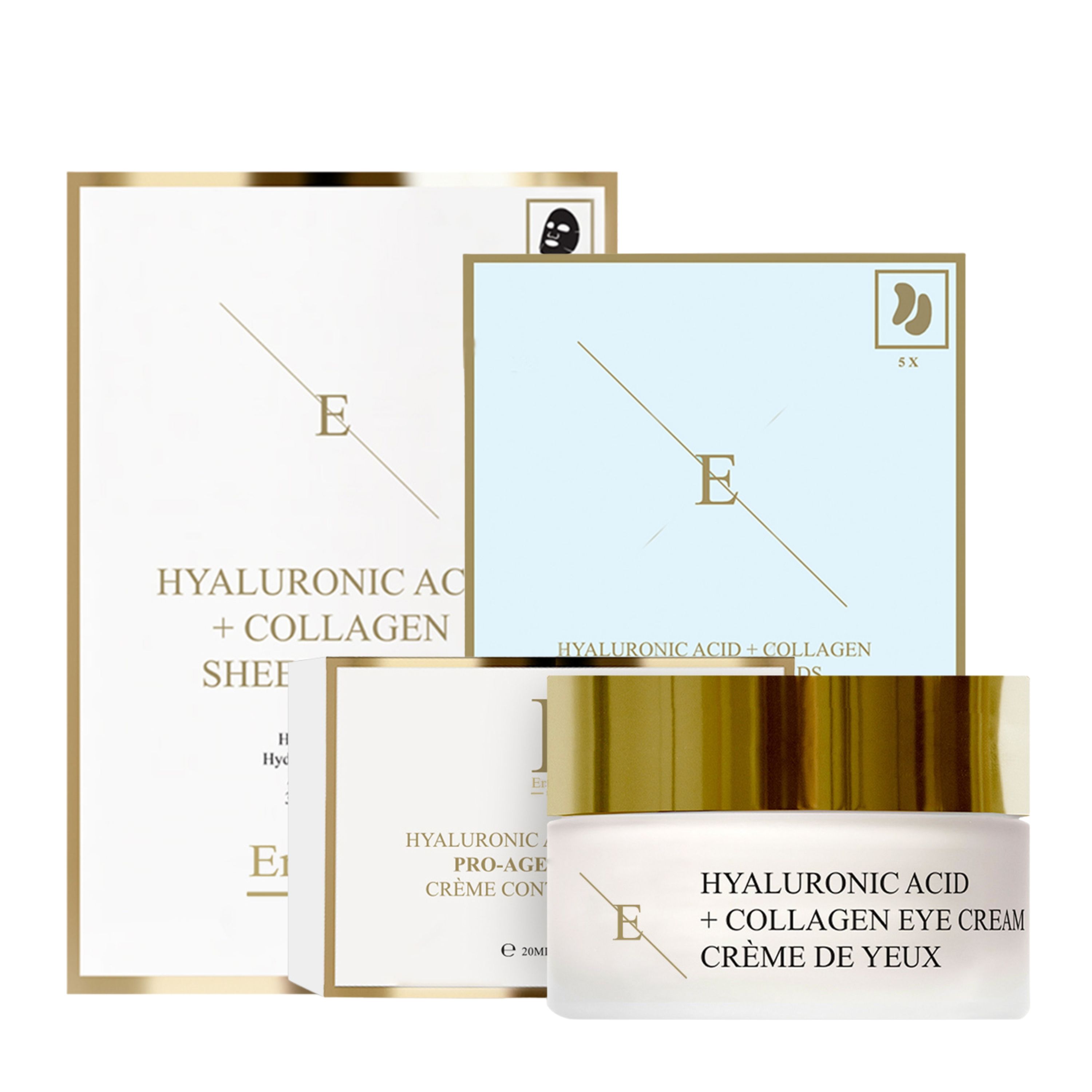 Augencreme und Masken-Set. Creme-Glas mit goldenem Deckel. Masken-Verpackungen mit Text. Marke: ErthSkin London.