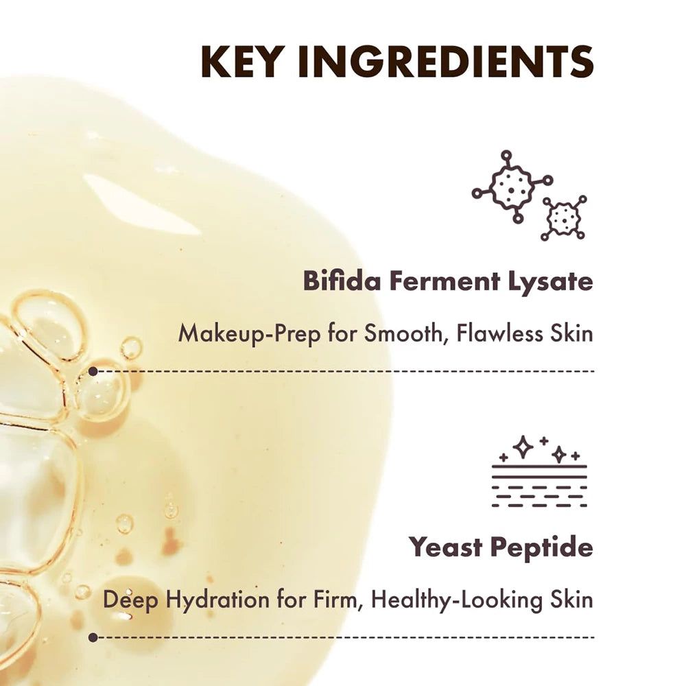 Text mit Inhaltsstoffen: Bifida Ferment Lysate und Yeast Peptide. Beschreibungen: Makeup-Prep und Deep Hydration.
