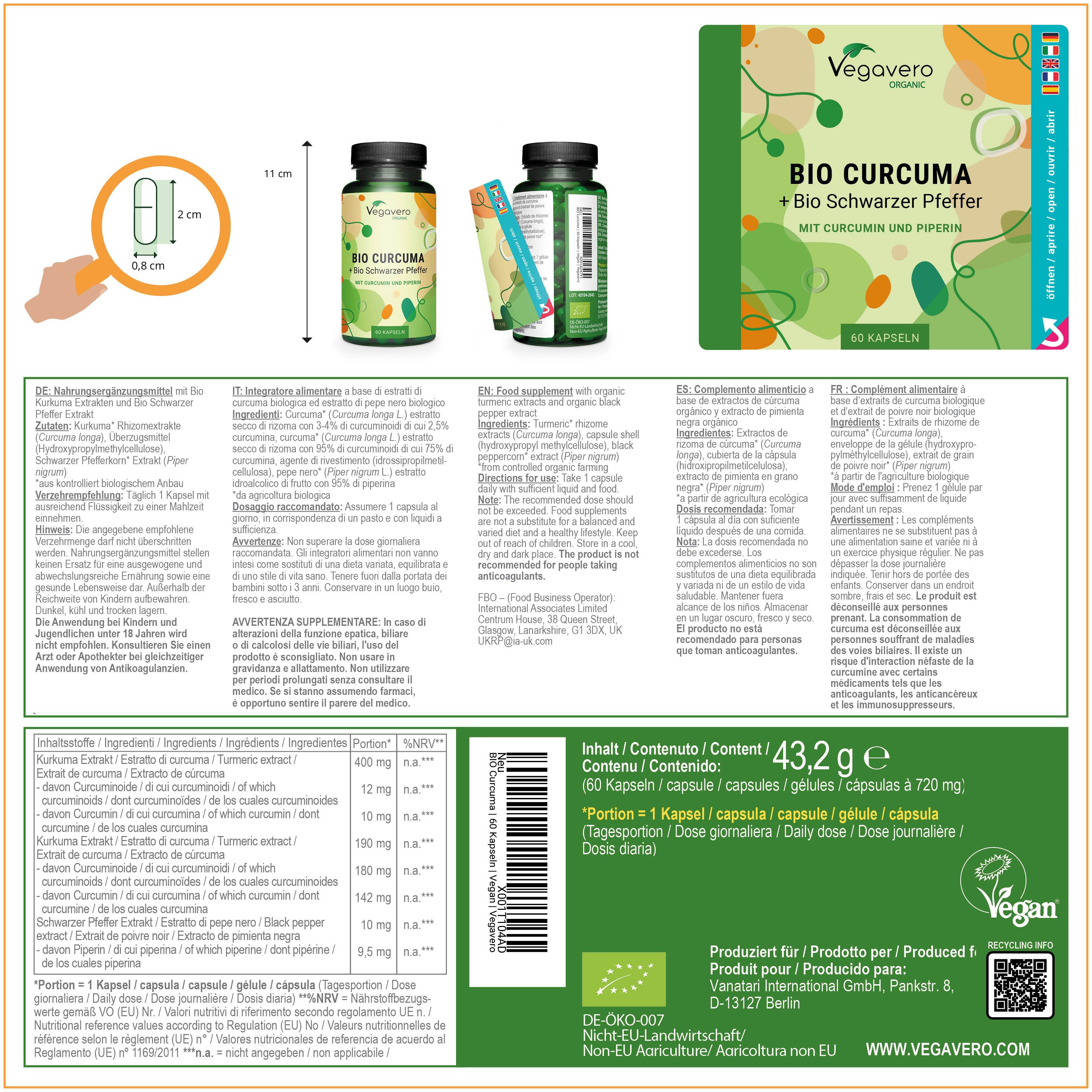 Verpackung mit Produktabbildung und Informationen. Enthält Kapseln und eine Broschüre. Vegan-Siegel.
