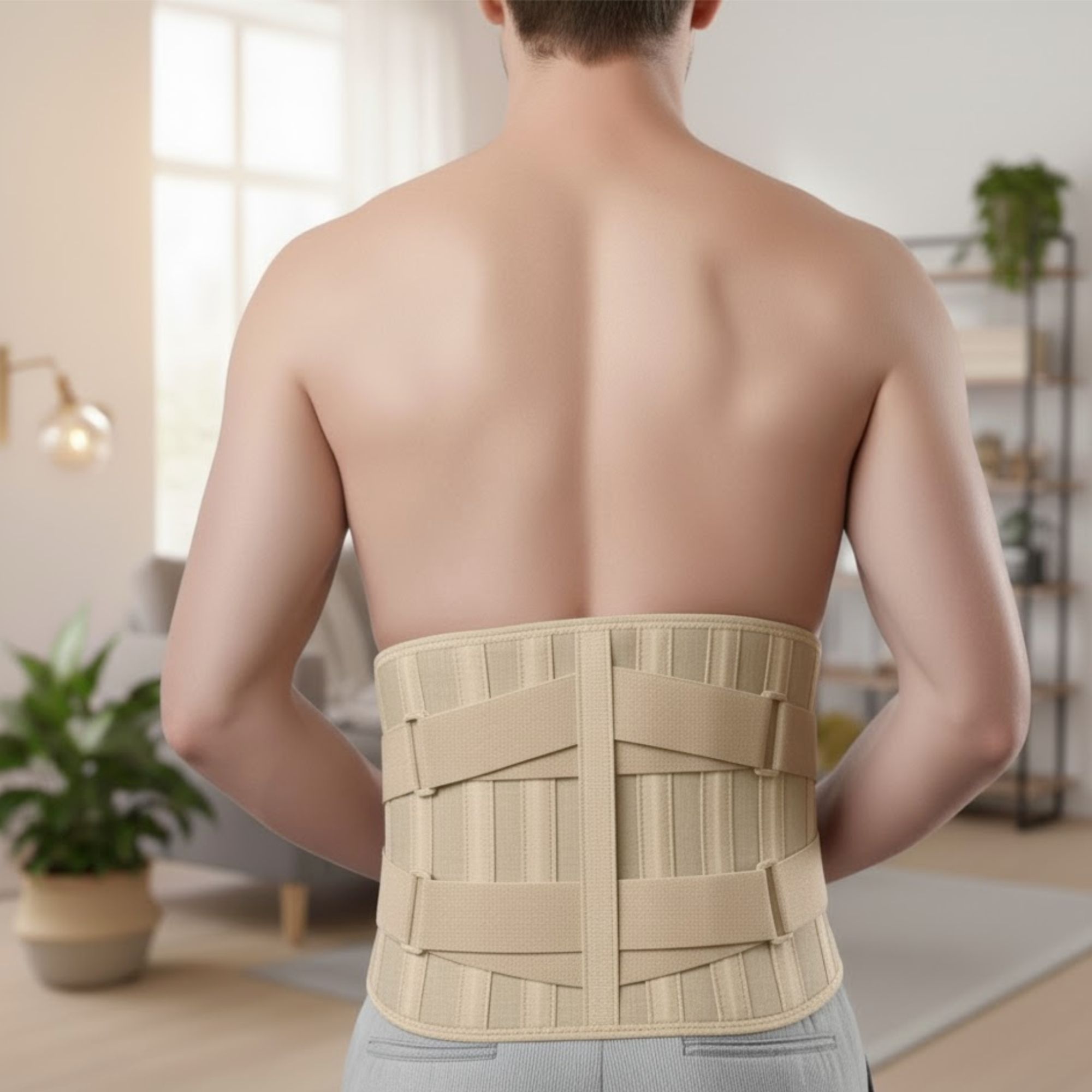 Rückenbandage am Rücken einer Person. Beige mit vertikalen Streben.