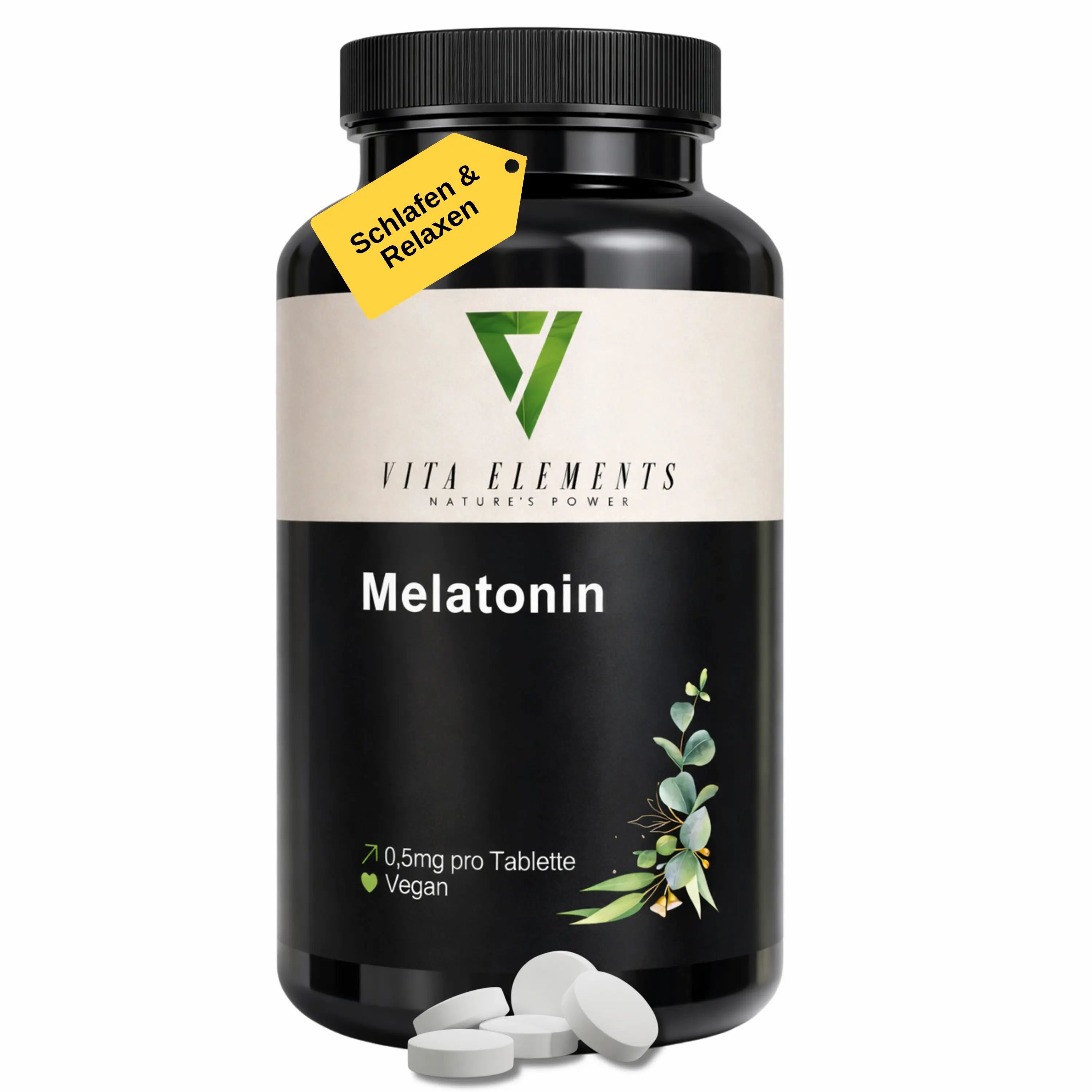 Schwarze Dose mit Melatonin-Tabletten, 0,5mg pro Tablette, vegan. Gelber Anhänger mit "Schlafen & Relaxen".