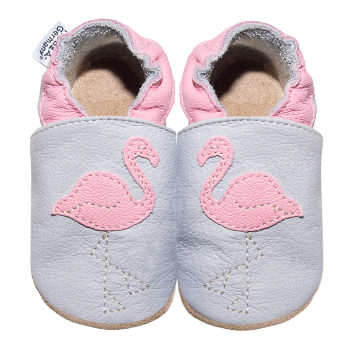 Baby-Schuhe, hellgrau mit rosa Flamingo-Applikation. Rosa Einfassung und Innenfutter. Marke: HOBEA-Germany.