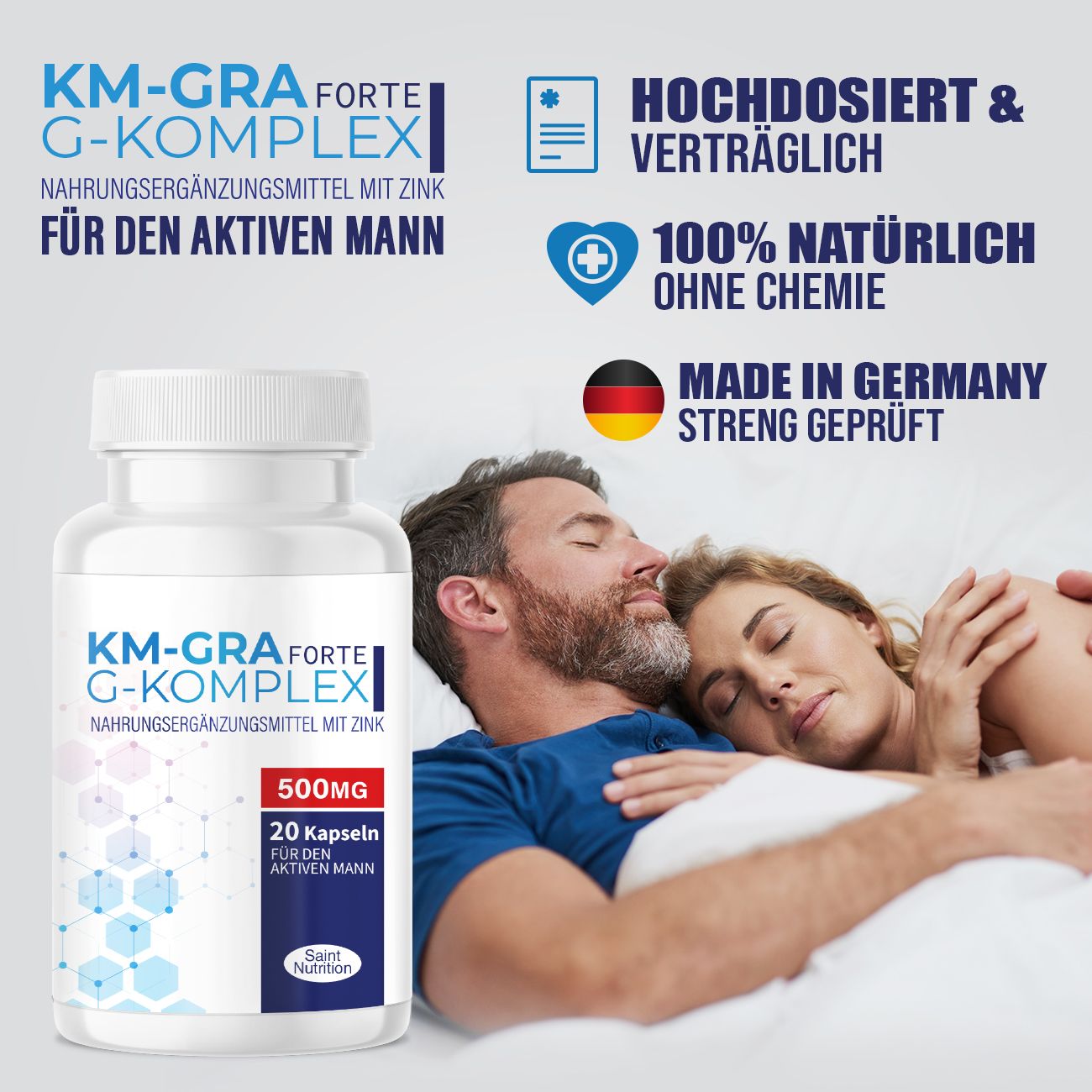 Produktflasche mit Text und Icons. Text: KM-GRA Forte G-Komplex, für den aktiven Mann. Icons: Hochdosiert & verträglich, 100% natürlich ohne Chemie, Made in Germany.