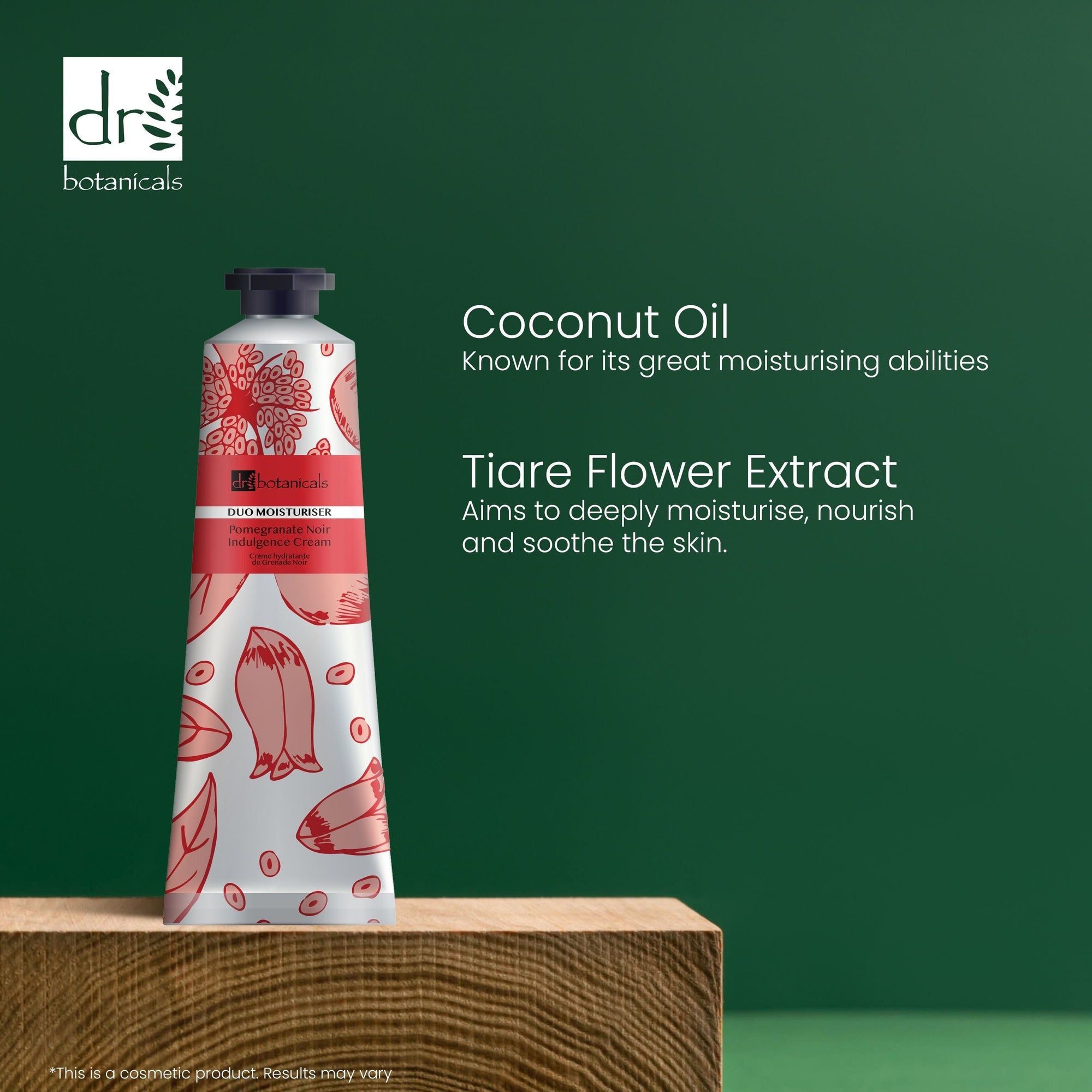 Creme-Tube auf Holzblock. Text: Coconut Oil, Tiare Flower Extract. Logo und Produktname sichtbar.