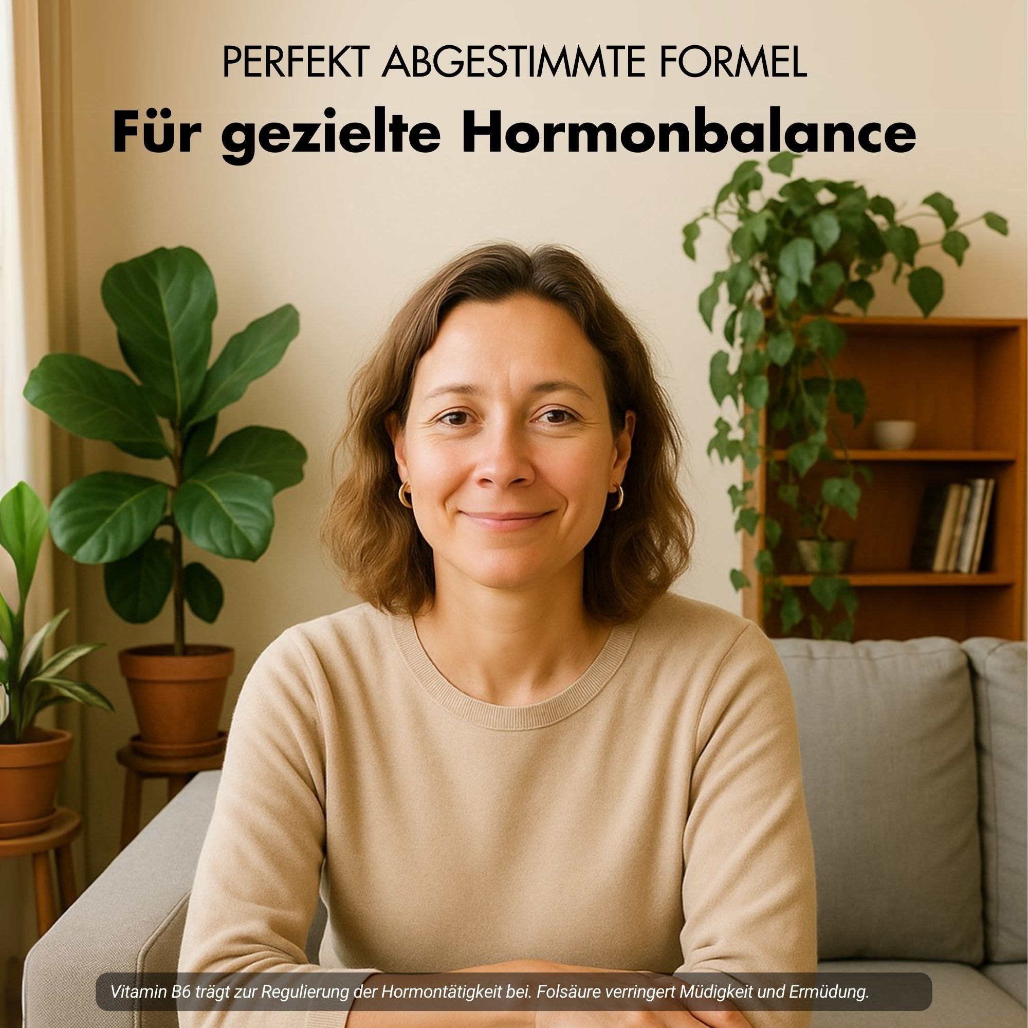 Porträt einer lächelnden Frau. Im Hintergrund Pflanzen und ein Sofa. Text: Für gezielte Hormonbalance. Text über Vitamin B6 und Folsäure.
